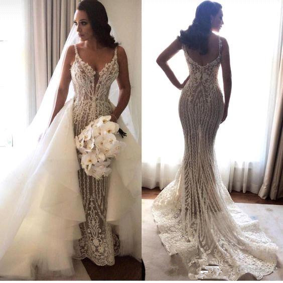 Elegant Spaghetti Straps Sleeveless Mermaid Lace Appliques Wedding Dress-newarrivaldress