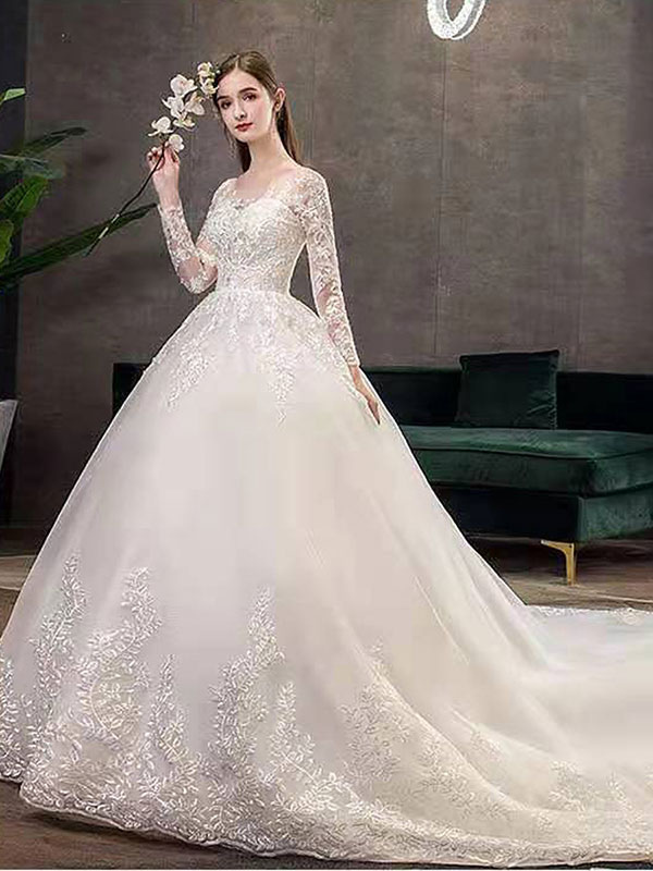 New Vintage Wedding Dresses Eric White Jewel Neck Long Sleeves Natural Waist Satin Fabric Cathedral Train Applique Traditional Dresses For Bride-newarrivaldress