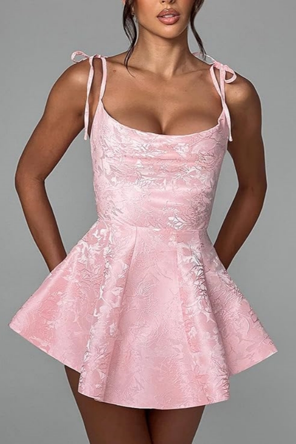 Chic Spaghetti Straps Ruffle Short Homecoming Dress Sleeveless Jacquard Satin Mini Party Dress-newarrivaldress
