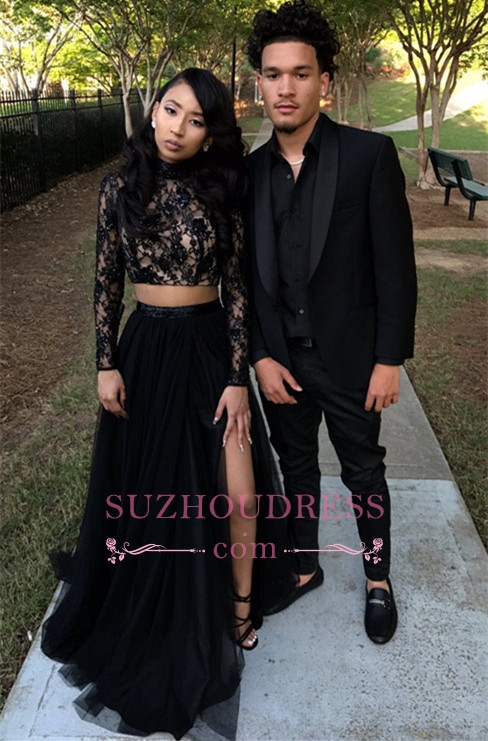 Two Piece Long Sleeve Formal Gowns | Black Long Slit Lace Prom Dress S   newarrivaldress