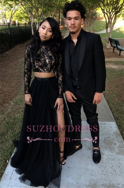 Two Piece Long Sleeve Formal Gowns | Black Long Slit Lace Prom Dress SP0349-newarrivaldress