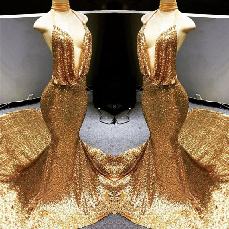 Gold Sequins Formal Dresses | Mermaid Open Back Long Prom Dresses on Mannequins BC1258-newarrivaldress