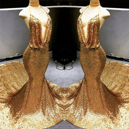 Gold Sequins Formal Dresses | Mermaid Open Back Long Prom Dresses on Mannequins BC1258-newarrivaldress
