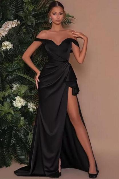 Black Off-the-Shoulder Side Slit Evening Dress Long Pleated Satin Prom Dress-newarrivaldress