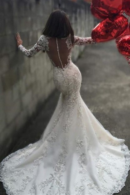 Mermaid Appliques Tulle Mermaid Charming Sheer Tulle Long Sleeves Bridal Dresses-newarrivaldress