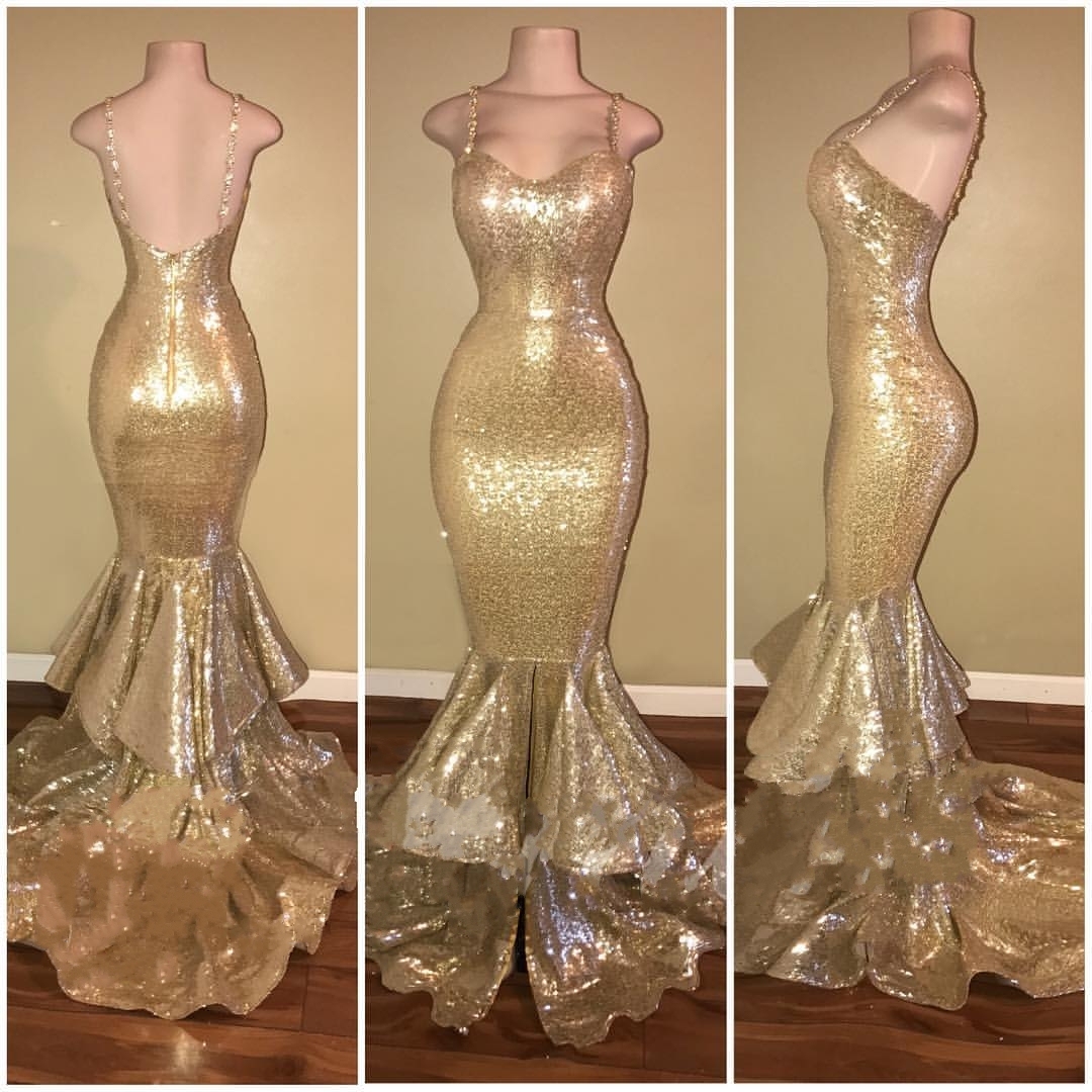 Gold Spaghetti Straps Layers-Train Sequins Mermaid Shiny Long Prom Dresses-newarrivaldress