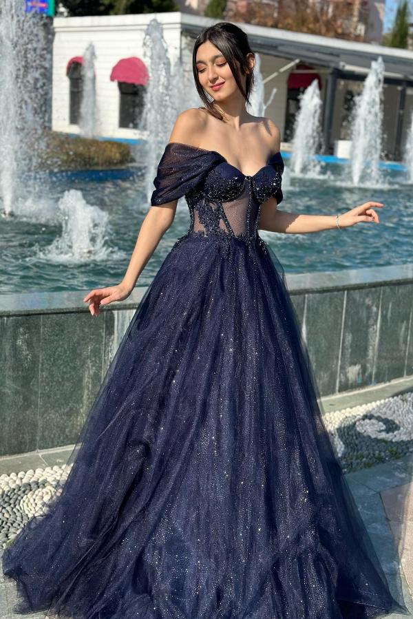 Off-the-Shoulder Glitter Sweetheart Evening Dresses Navy Blue Floor Length Formal Dress-newarrivaldress