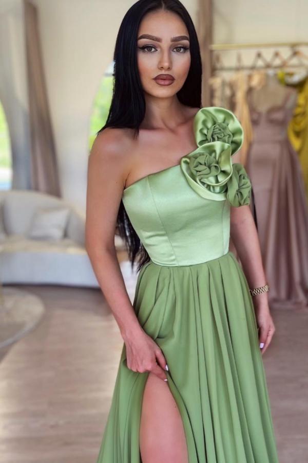 One Shoulder Slit Evening Dress Satin Long Prom Dress with Flower-newarrivaldress