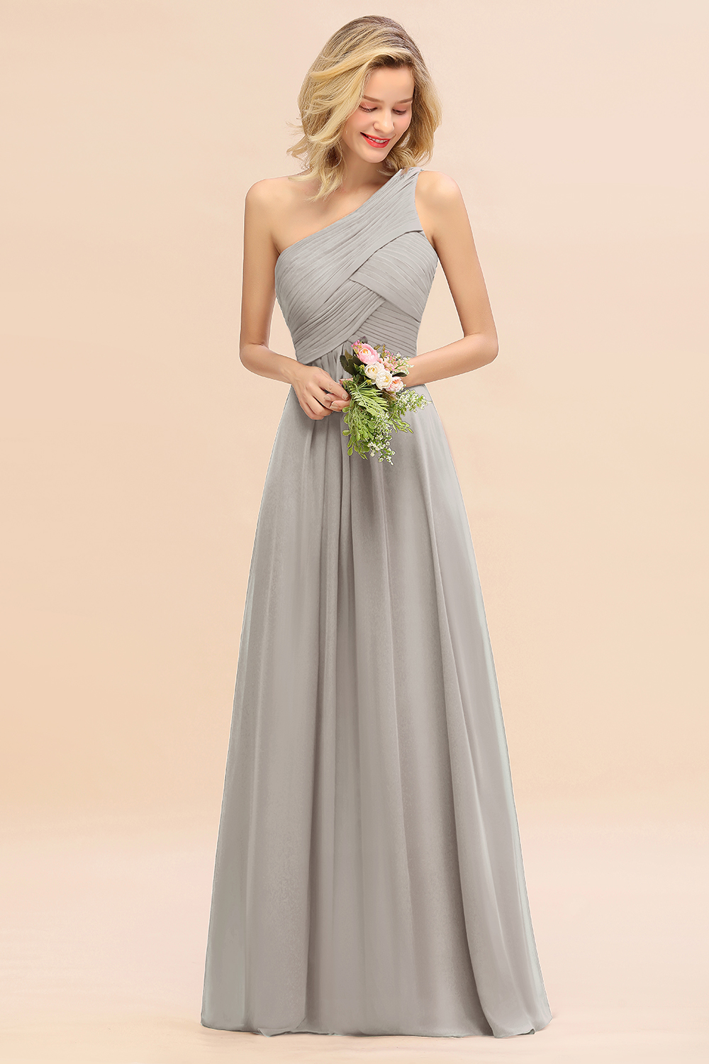 Elegant Ruched Chiffon One Shoulder Bridesmaid Dress Long Sleeveless Evening Dress-newarrivaldress