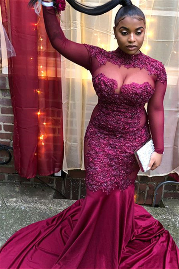 Burgundy High-Neck Long-Sleeves Sheer-Tulle Applique Prom Dress-newarrivaldress