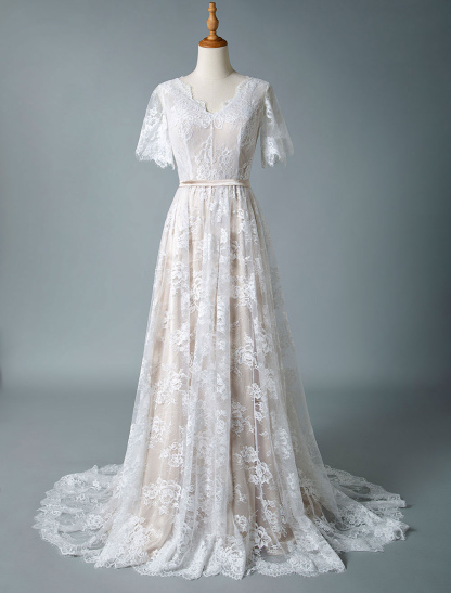 Simple Wedding Dress 2021 V Neck A Line Short Sleeve Deep V Backless Lace Bridal Gowns-newarrivaldress