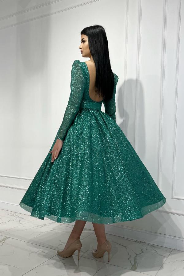 Amazing Glitter Dark Green Aline Party Dress with Long Sleeves-newarrivaldress