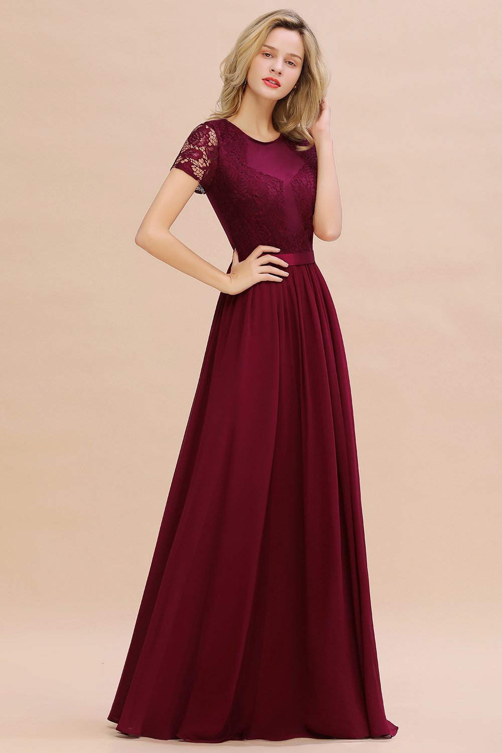 Elegant Chiffon Lace Jewel Short-Sleeves Bridesmaid Dress Floor-Length A-Line Wedding Guest Dress-newarrivaldress