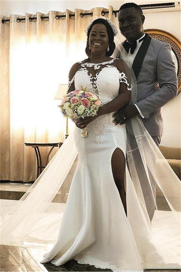 Appliques Mermaid Lace Side Split Wedding Dresses | Sheer Tulle Short Sleeve Bridal Gowns-newarrivaldress