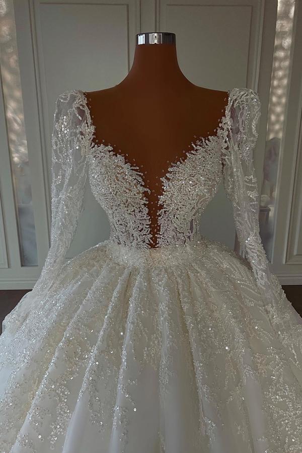 Exquisite V-Neck Glitter Ball Gown with Sleeves Lace Appliques Bridal Dresses-newarrivaldress