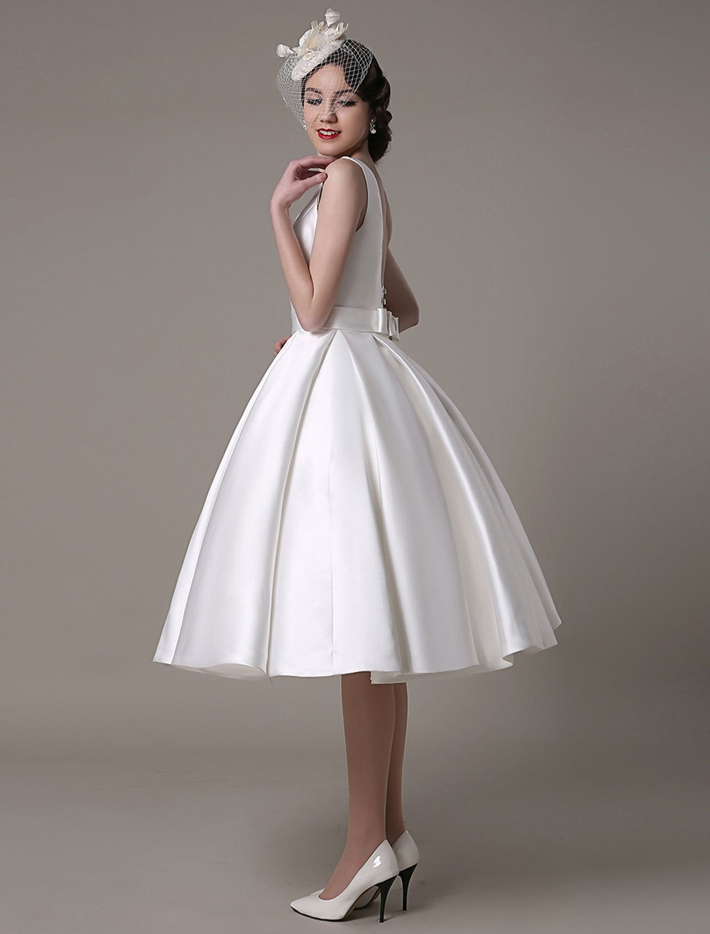 Ivory Wedding Dress Scoop Backless Knee Length Satin Wedding Gown Exclusive-newarrivaldress