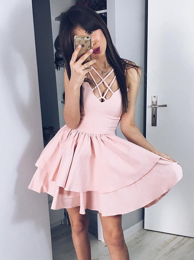 Fashion Pink Spaghetti Strap Homecoming Dress | Ruffled Short Party Gown-newarrivaldress