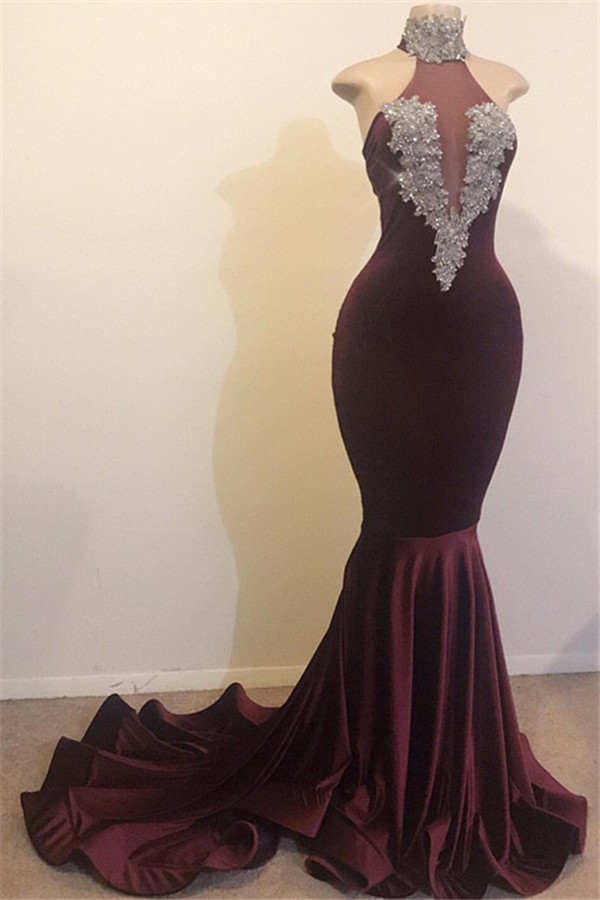 Halter Silver Beads Appliques Sleeveless Mermaid Velvet Long Prom Dresses-newarrivaldress