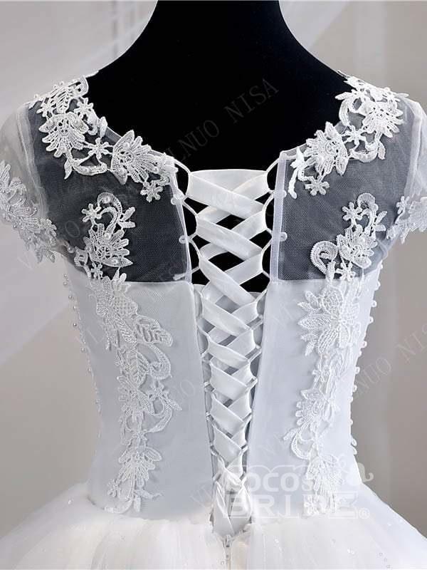 Cap Sleeves White Tulle lace Appliques Wedding Gown Aline Floor Length Bridal Dress-newarrivaldress