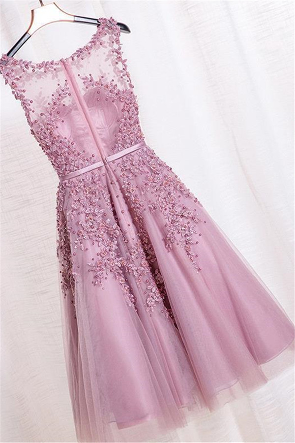 Tea-Length A-line Sheer-Neck Amazing Lace-Appliques Beaded Party Dresses-newarrivaldress