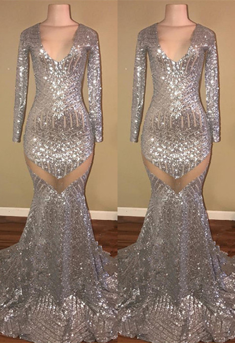 Long Sleeve Sequins Prom Dresses |Mermaid V-Neck Evening Gowns-newarrivaldress