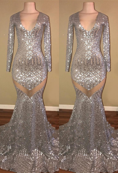 Long Sleeve Sequins Prom Dresses |Mermaid V-Neck Evening Gowns-newarrivaldress