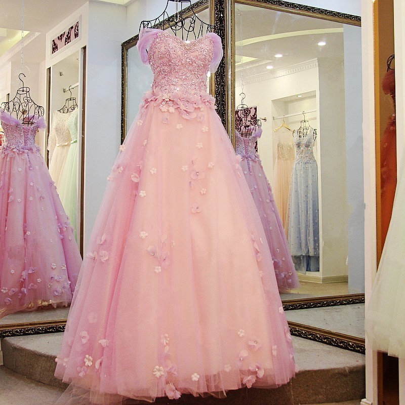 Ball Gown Tulle Off-The-Shoulder Floor-Length Applique Prom Dresses-newarrivaldress