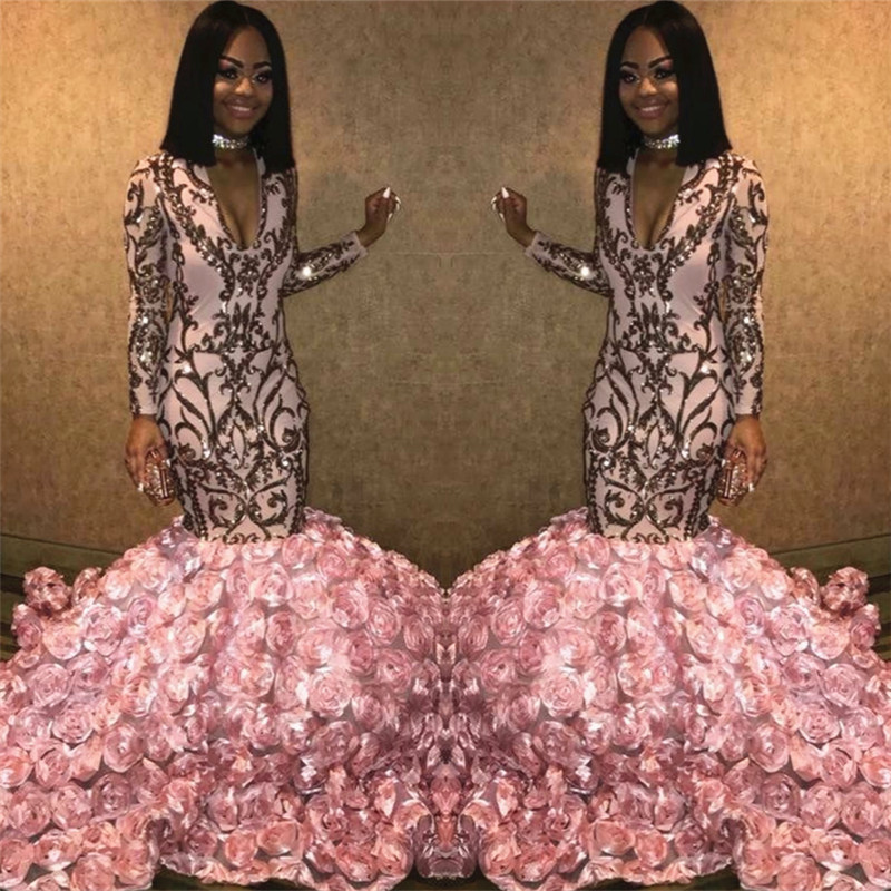 V-neck Long Sleeve Pink Flowers Prom Dresses | Mermaid Appliques Long Evening Dress bc1363-newarrivaldress