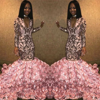 V-neck Long Sleeve Pink Flowers Prom Dresses | Mermaid Appliques Long Evening Dress bc1363-newarrivaldress