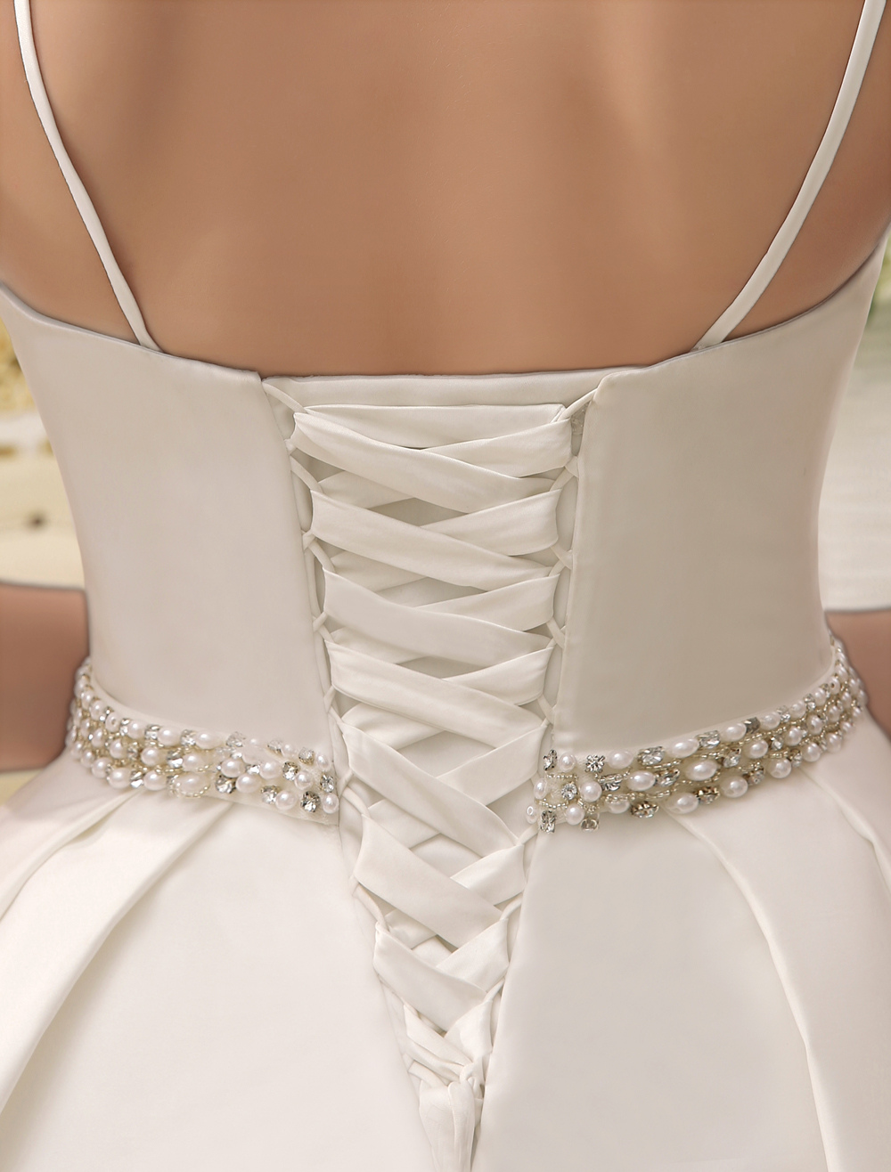 Vintage Spaghetti Straps Backless Satin Short Wedding Dress With Pearls At Waist Exclusive-newarrivaldress