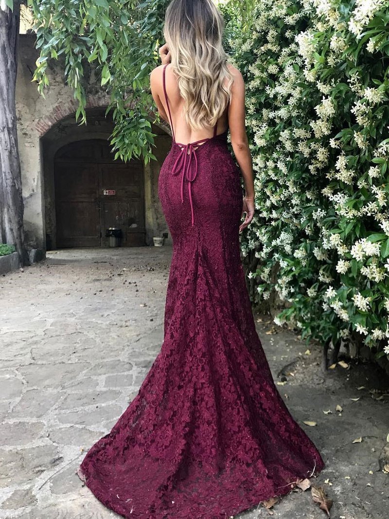 Simple Burgundy Lace Straps Sleeveless Mermaid Backless Prom Dress BA7196-newarrivaldress