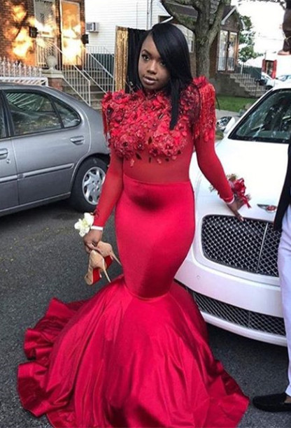 Modern Flowers Long Sleeve Red Mermaid Prom Dress | Prom Dress-newarrivaldress