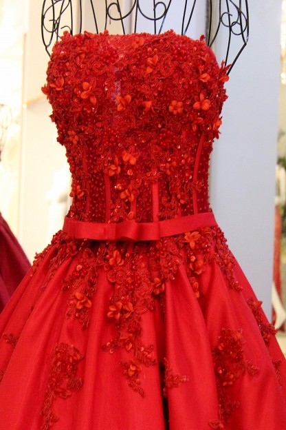Strapless Bow A-Line Applique Ball Gown Tulle Sweep Train Prom Dresses-newarrivaldress