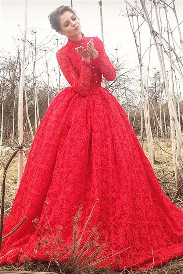 Exquisite High-Neck Lace Appliques Red Long Evening Dress-newarrivaldress