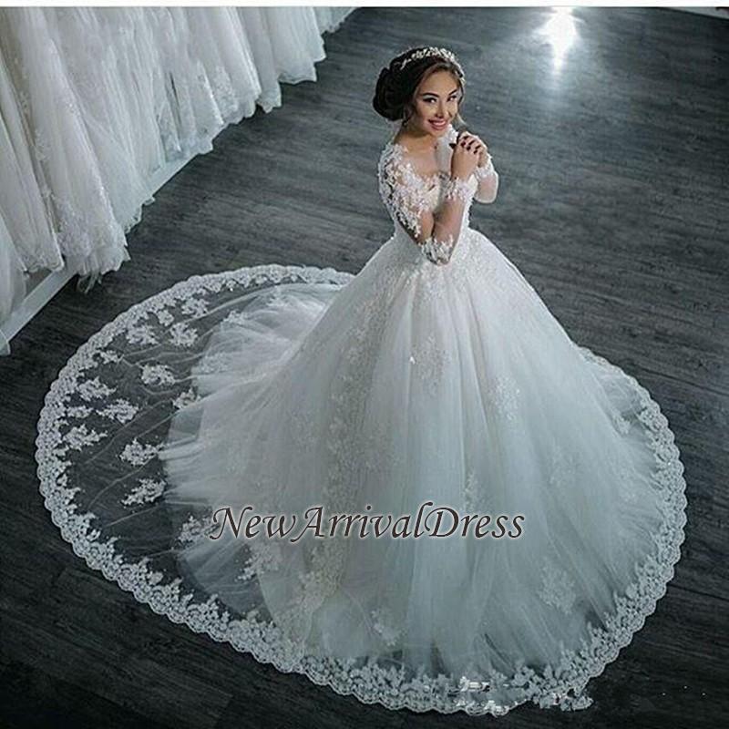 Beaded See Through Long Sleeve Ball Gown Wedding Dress-newarrivaldress