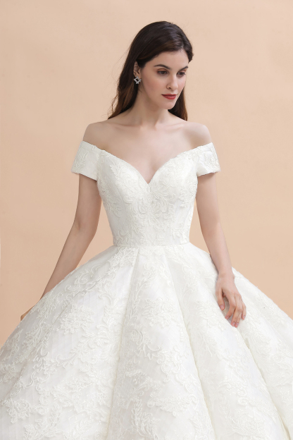 Charming Off-the-Shoulder Appliques Ball Gown Backless Sweep Train-newarrivaldress
