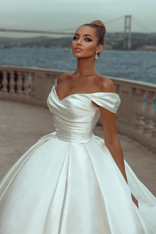 Amazing Off-the-Shoulder Ball Gown Wedding Dress Ruched Satin Sweetheart Aline Bridal Dress-newarrivaldress