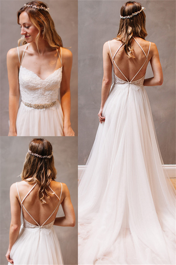 New Arrival Spaghetti Strap Summer Dresses A-Line Tulle Open Back Bridal Gowns-newarrivaldress