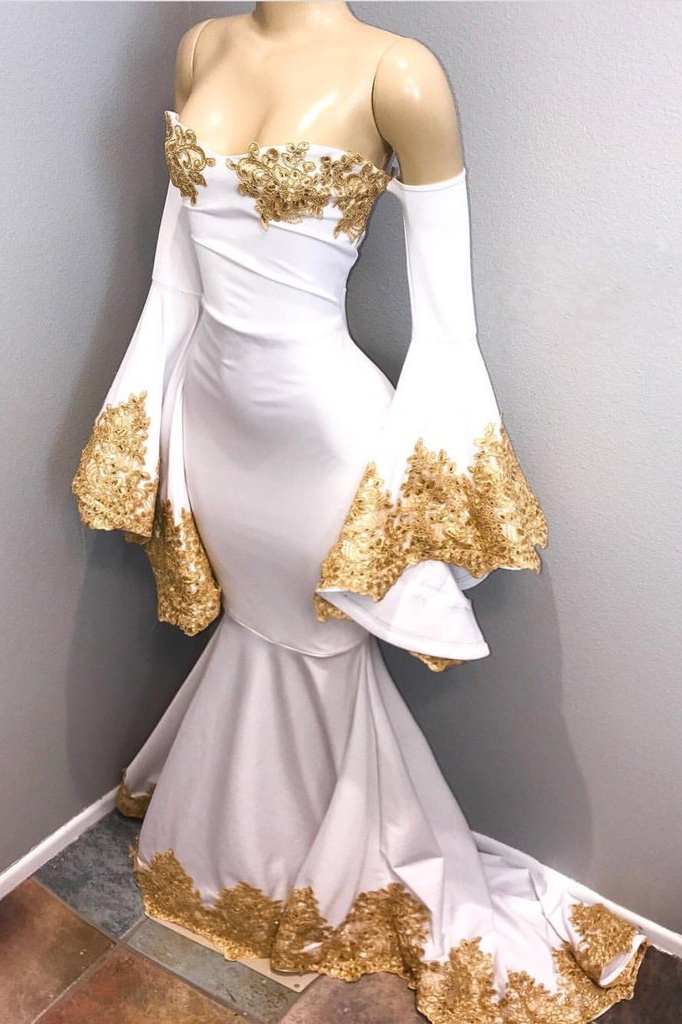 Off The Shoulder Long Sleeve Mermaid Gold Lace Prom Dresses BA8276-newarrivaldress
