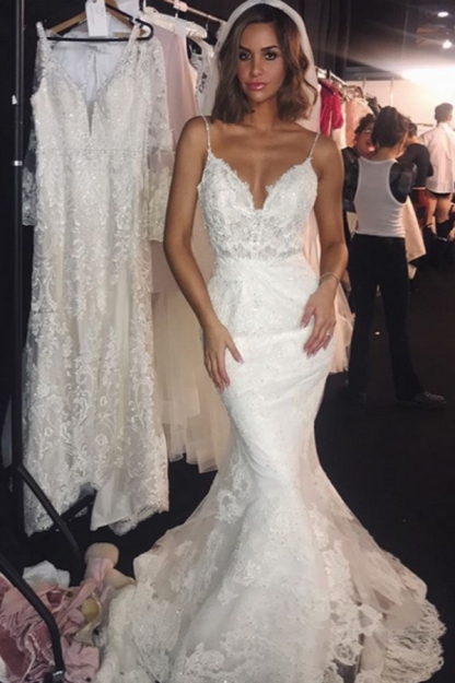 Backless Wedding Dresses Lace Mermaid|Sexy Spaghetti Straps Bridal Gowns