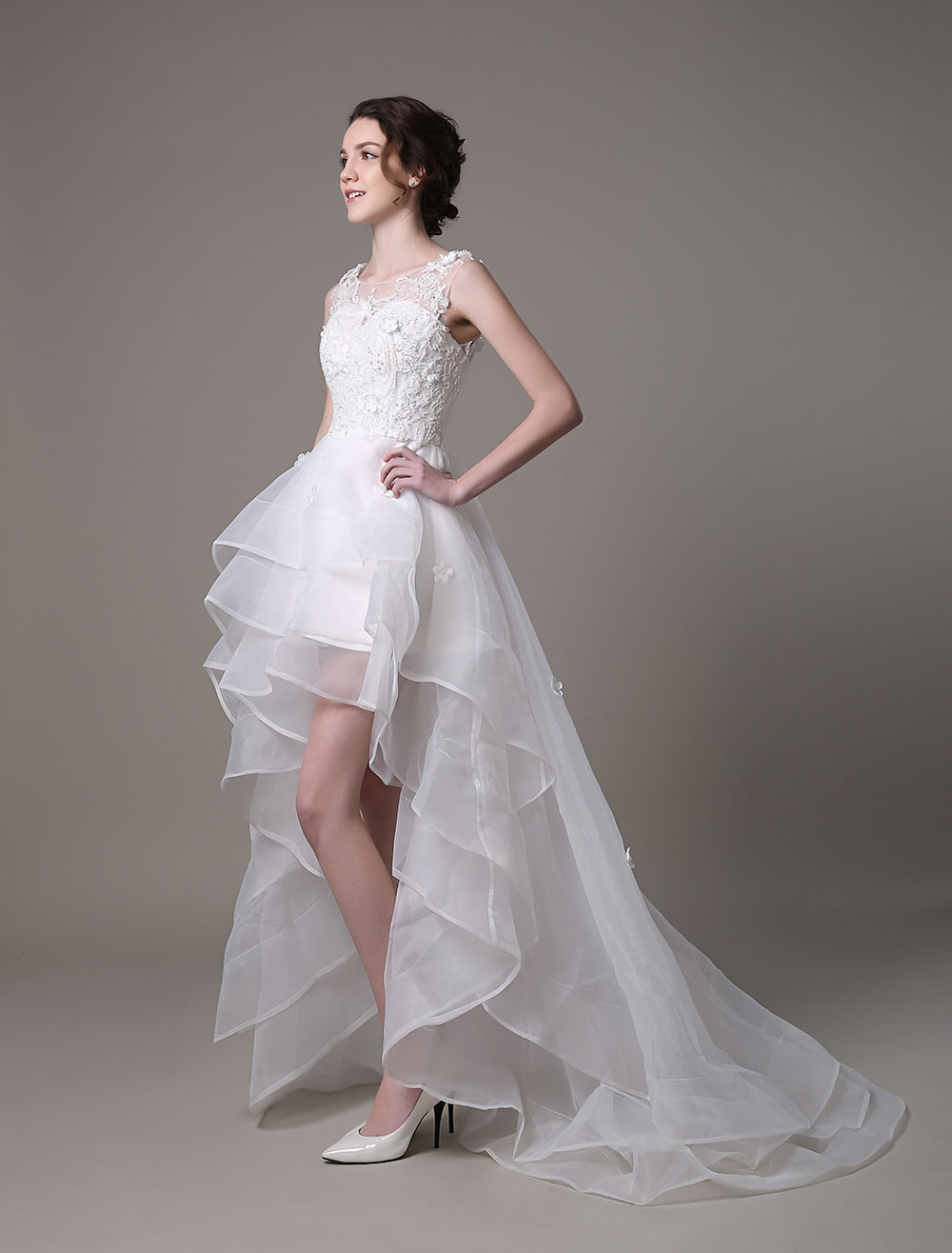 Asymmetrical Organza Wedding Dress High Low A-Line With Lace Beading Flower Exclusive-newarrivaldress