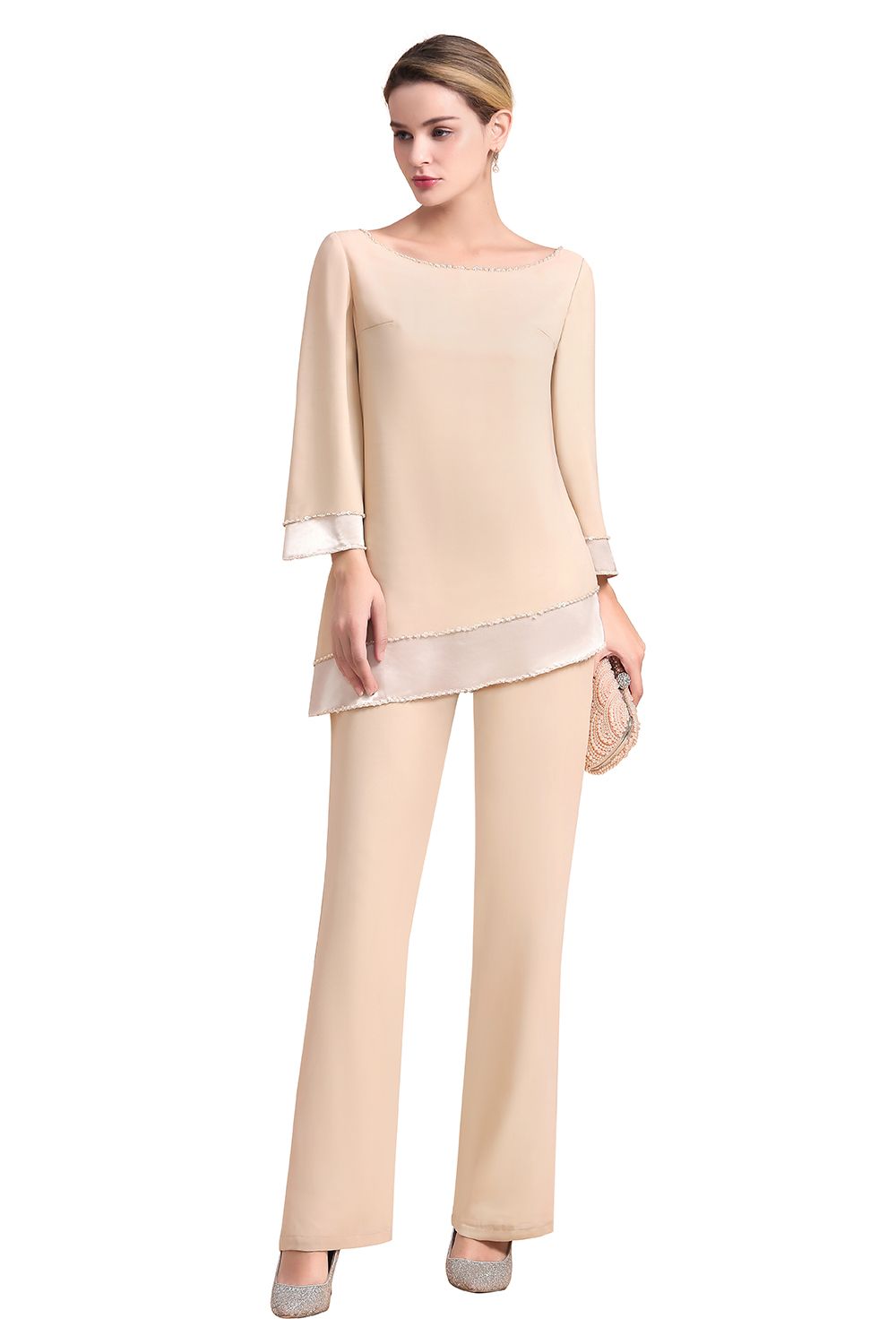 Chic Round-Neck Champagne Chiffon Mother of Bride Jumpsuit-newarrivaldress