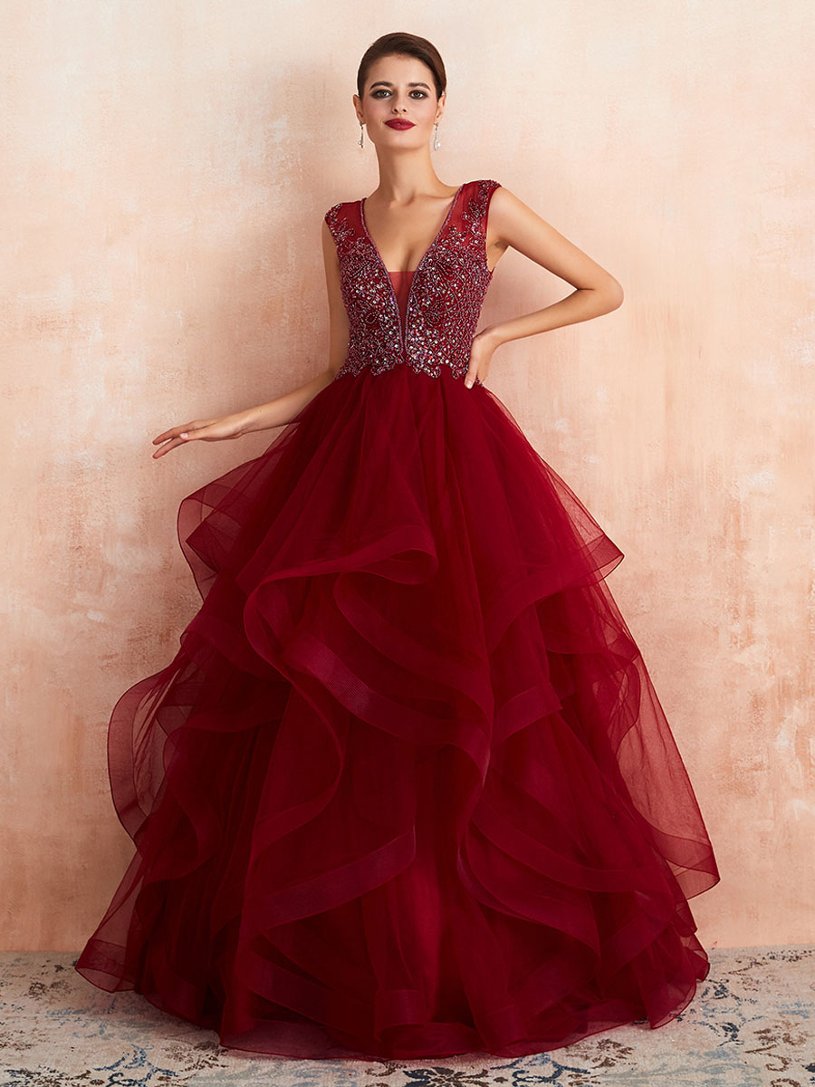 Ball Gown Wedding Dress Princess Floor Length V Neck Sleeveless Sequins Tulle Bridal Dresses-newarrivaldress