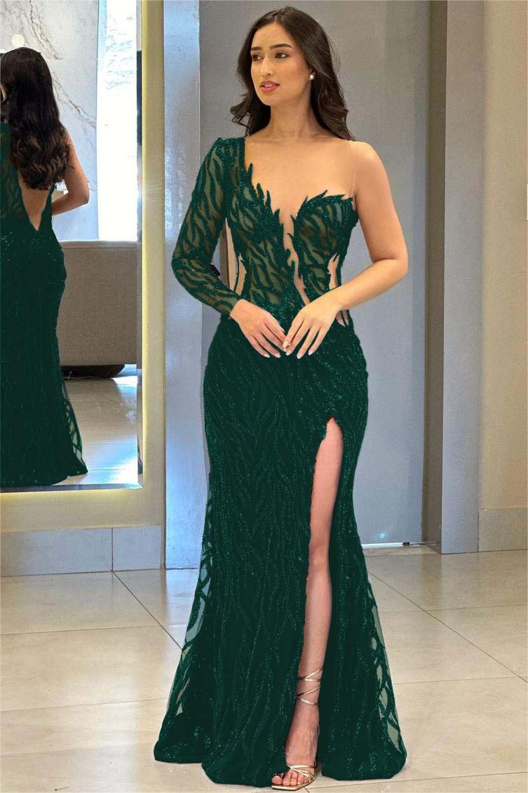 One Shoulder One Long Sleeve Backless Mermaid Split Prom Dress With Appliques