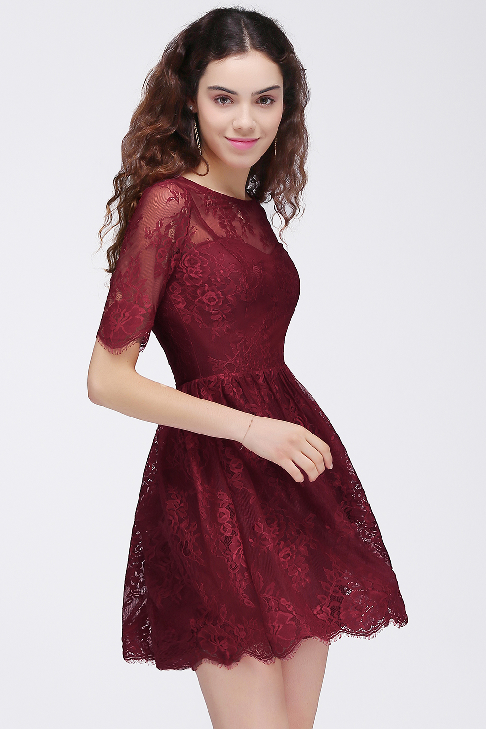 BRITTANY | A-Line Round Neck Short Lace Burgundy Homecoming Dresses-newarrivaldress