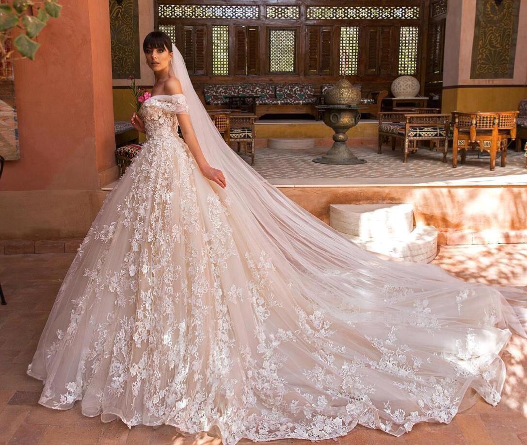 Elegant Off Shoulder Tulle Wedding Dresses 2021 | Puffy 3d-Flowers Bridal Gowns-newarrivaldress