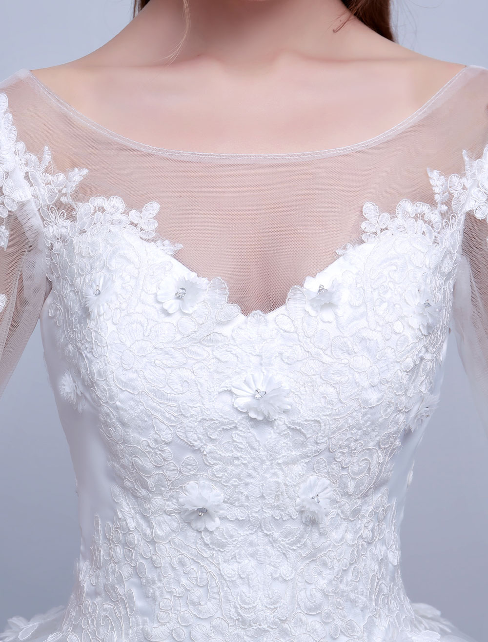 Princess Ball Gown Wedding Dresses Long Sleeve Lace Illusion Ivory Floor Length Bridal Dress-newarrivaldress