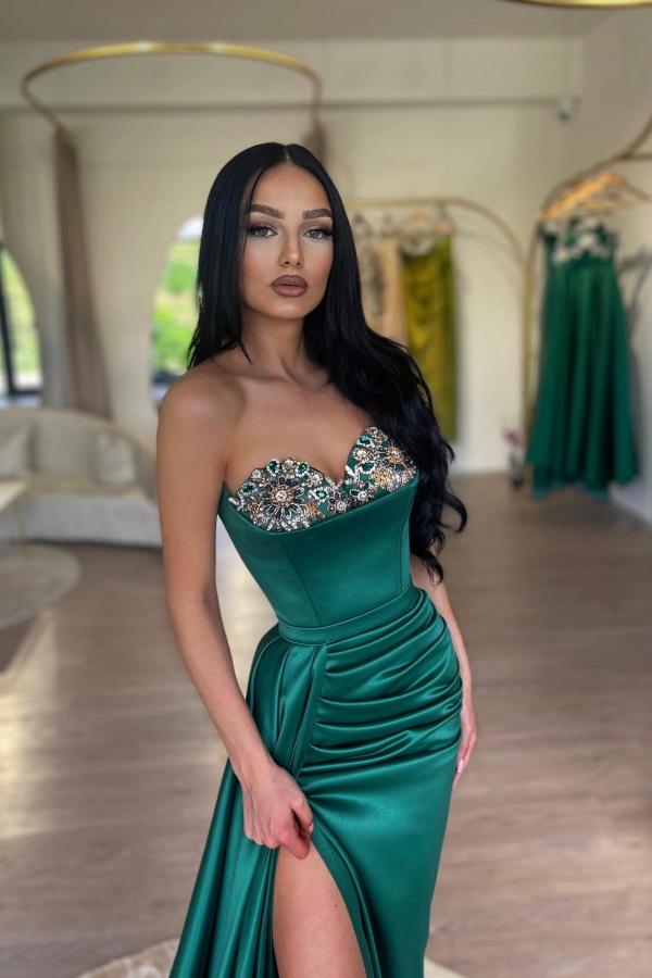 Sweetheart Dark Green Side Slit Evening Dress Ruched Satin Long Formal Dress-newarrivaldress