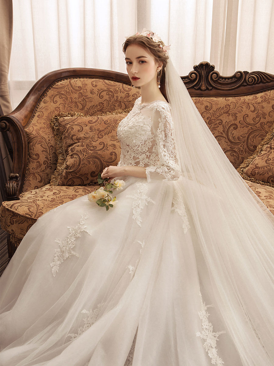 Ivory Wedding Dresses Lace Applique Jewel Neck 3/4 Length Sleeve Princess Bridal Gown With Train-newarrivaldress