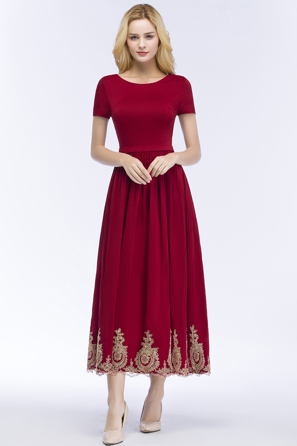 ROSEANNA | A-line Short Sleeves Ankle Length Appliques Prom Dresses with Sash-newarrivaldress